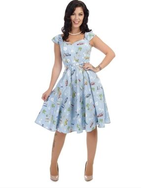 Collectif by Aida Swing Car Blue Print A-Line Sleeveless Dress Sz Small/UK 10